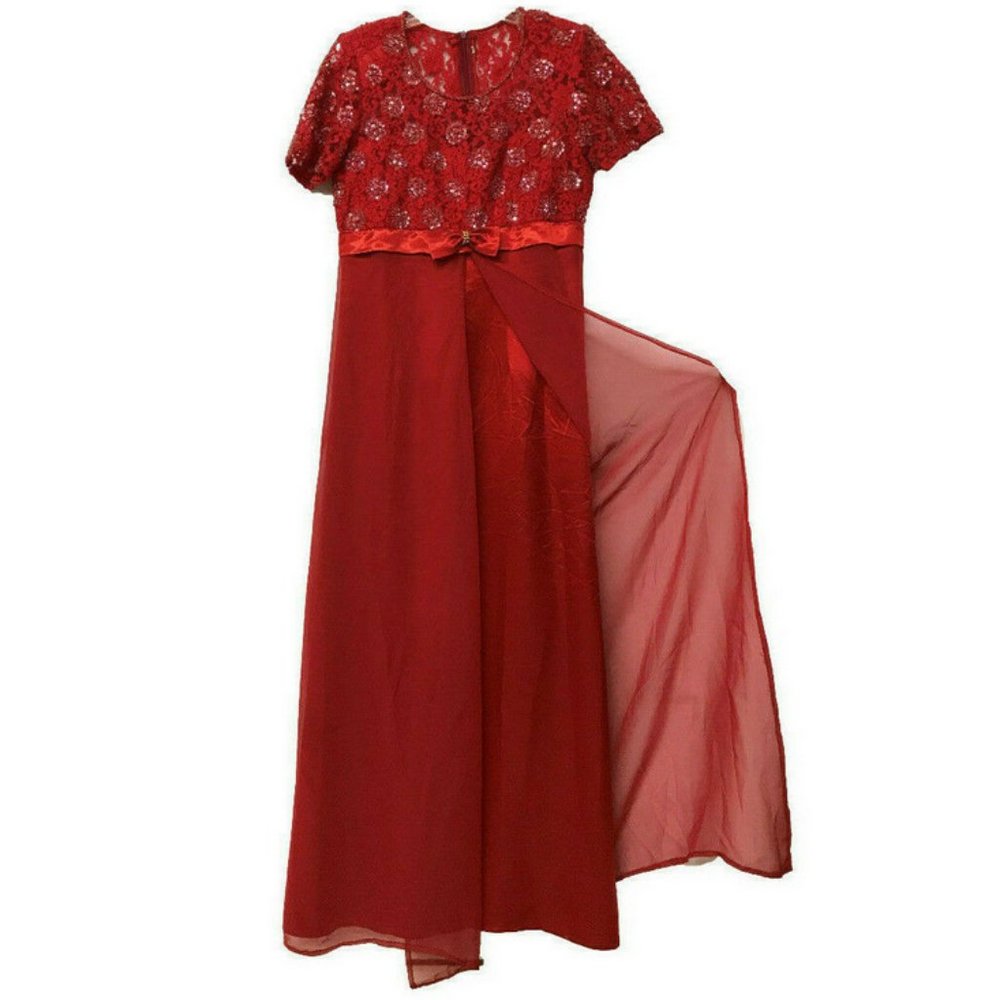 Red Short Sleeve Formal Long Dress Gown with Beaded & Sequin Lace Bodice